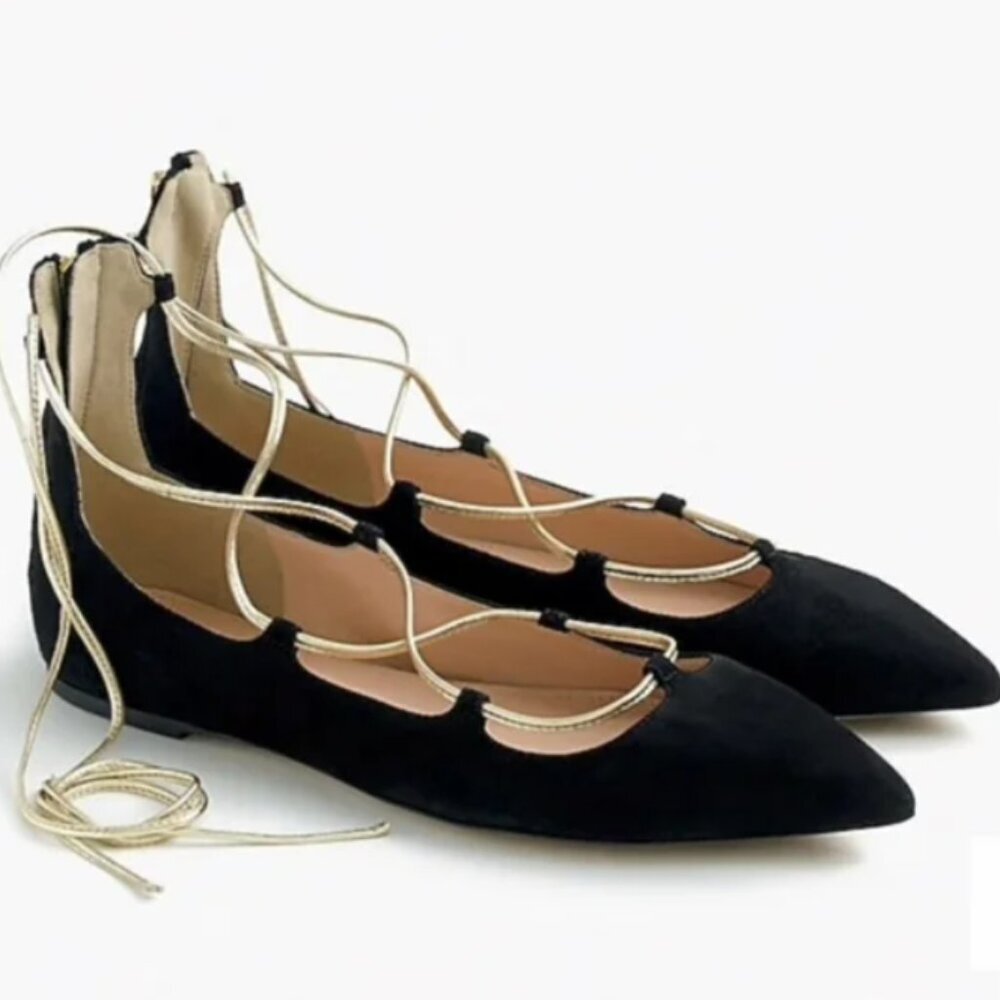 J. Crew Suede Lace Up Flats Black and Gold Size 8 Pointed Toe Gladiator Ballet
